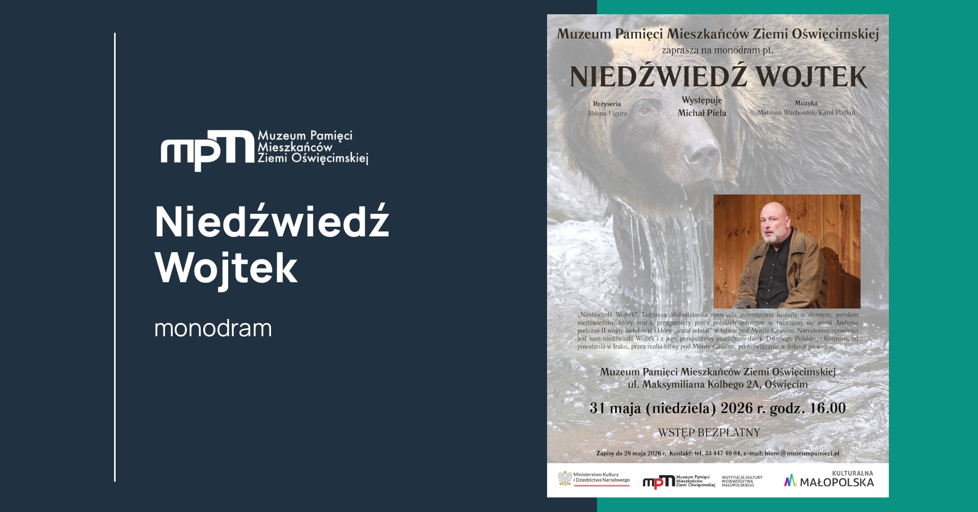 Grafika reklamująca oraz informująca o mondramie odbywającym się w Muzeum Pamięci