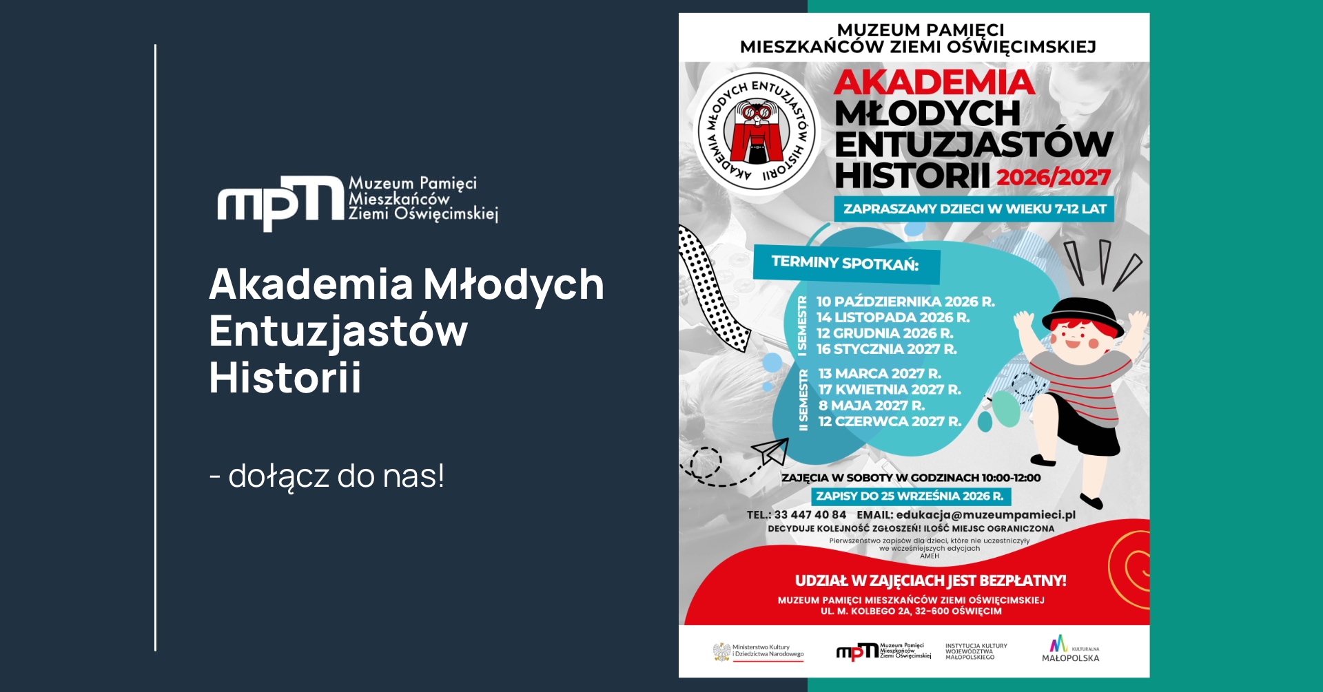 Grafika informująca o Akademii Młodych Entuzjastów historii.
