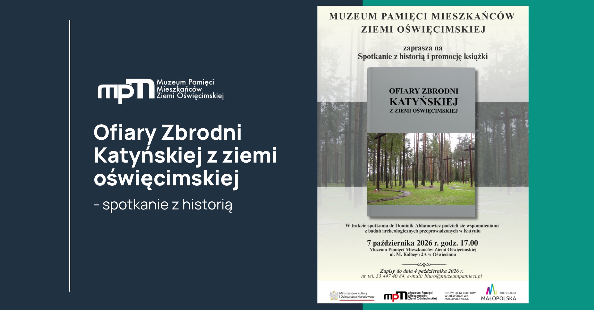Grafika informująca o konferencji dotyczącej ofiar Zbrodnii Katyńskiej w Muzeum Pamięci