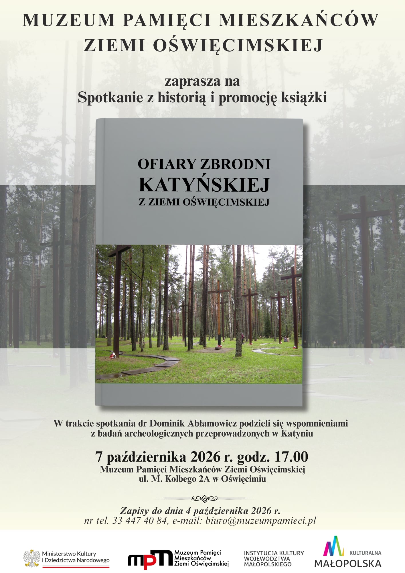 Grafika informująca o konferencji historycznej dotyczącej Zbrodni Katyńskiej oraz ofiar z ziemi oświęcimskiej.