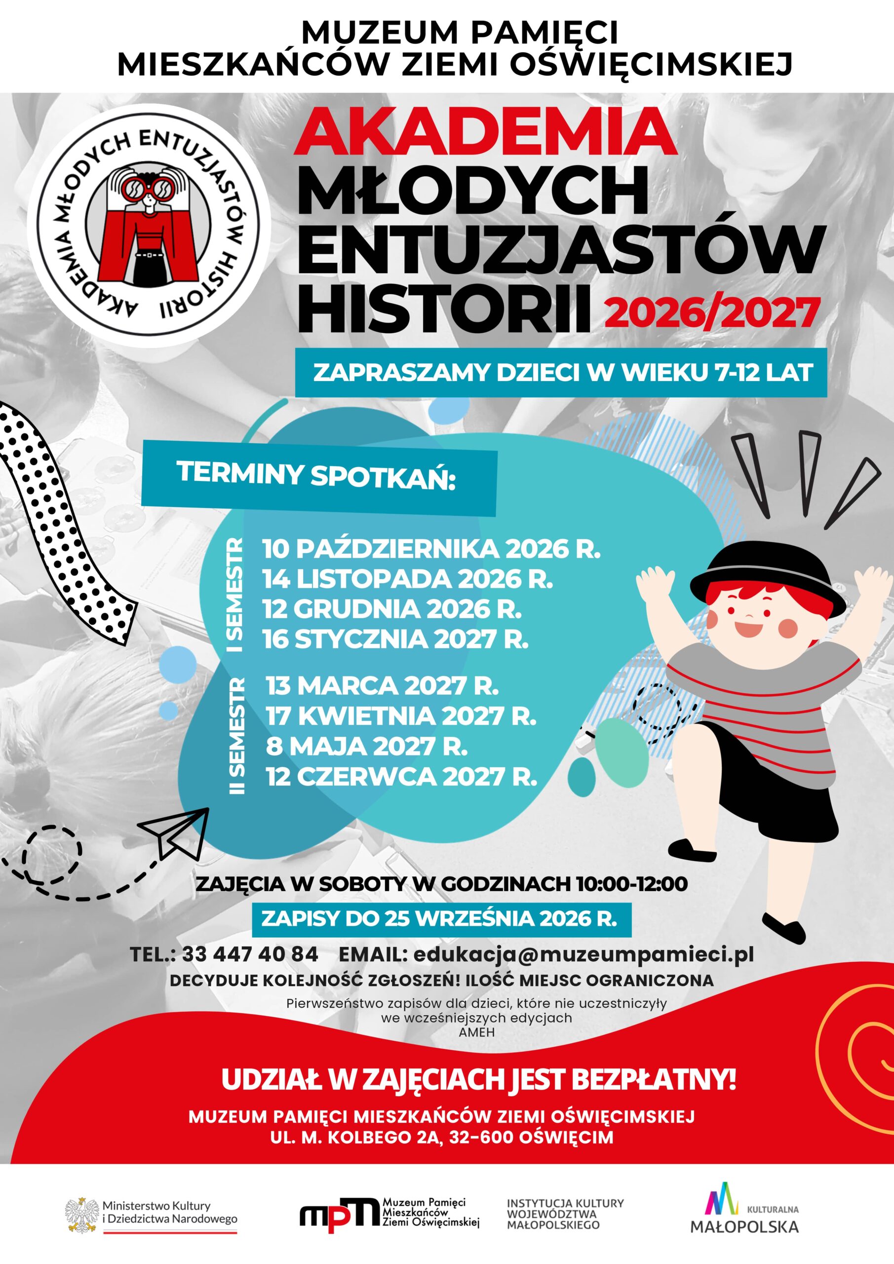 Plakat informujący o rozpoczęciu zajęć z Akademii Młodych Entuzjastów Historii w nowym roku szkolnym.