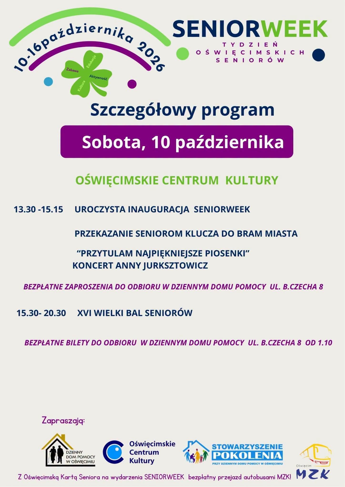 Grafika z informacją na temat wydarzenia SeniorWeek w Oświęcimiu. Na grafice znajduje się plan wydarzenia