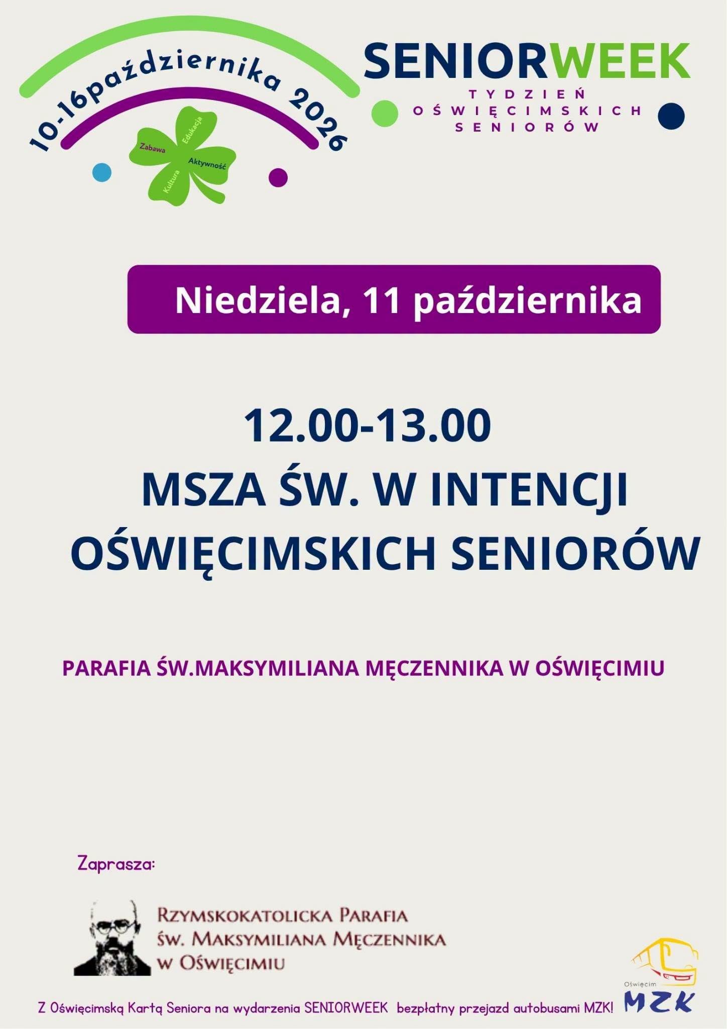Grafika z informacją na temat wydarzenia SeniorWeek w Oświęcimiu. Na grafice znajduje się plan wydarzenia