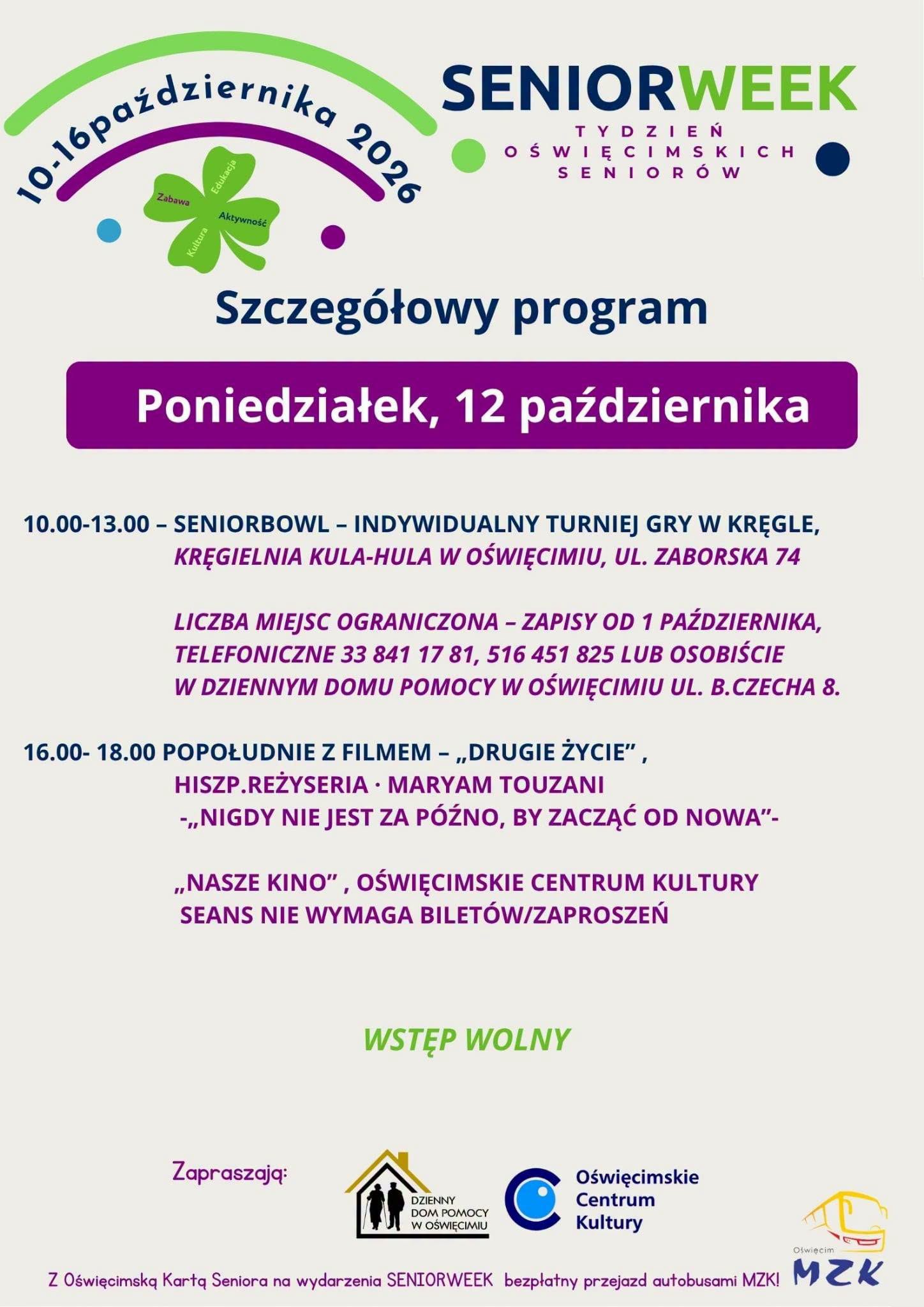 Grafika z informacją na temat wydarzenia SeniorWeek w Oświęcimiu. Na grafice znajduje się plan wydarzenia.