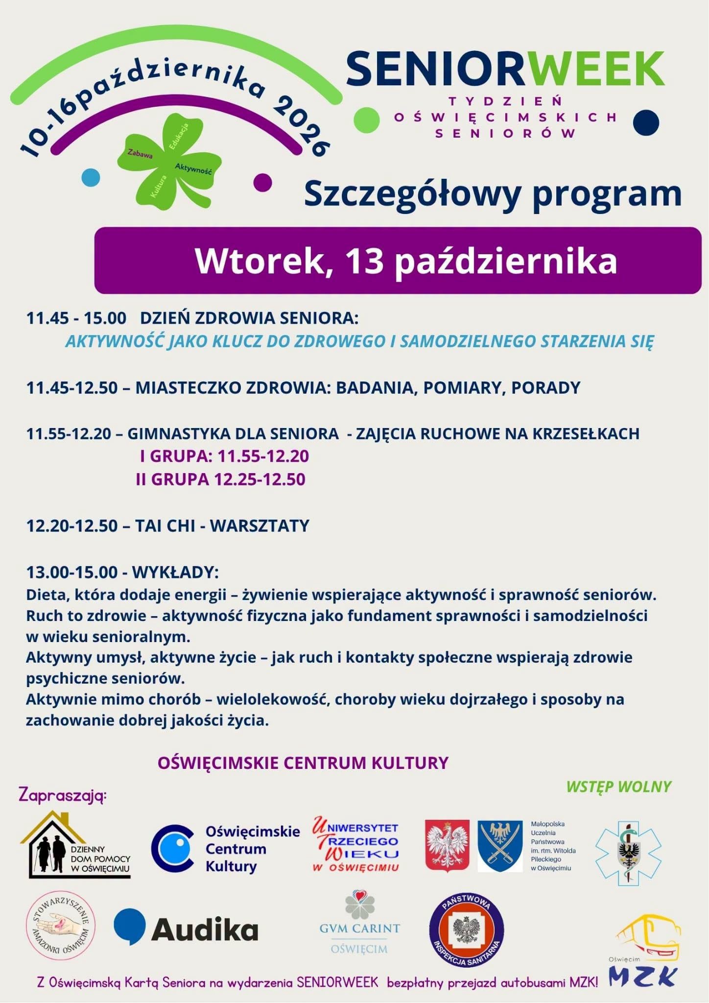 Grafika z informacją na temat wydarzenia SeniorWeek w Oświęcimiu. Na grafice znajduje się plan wydarzenia