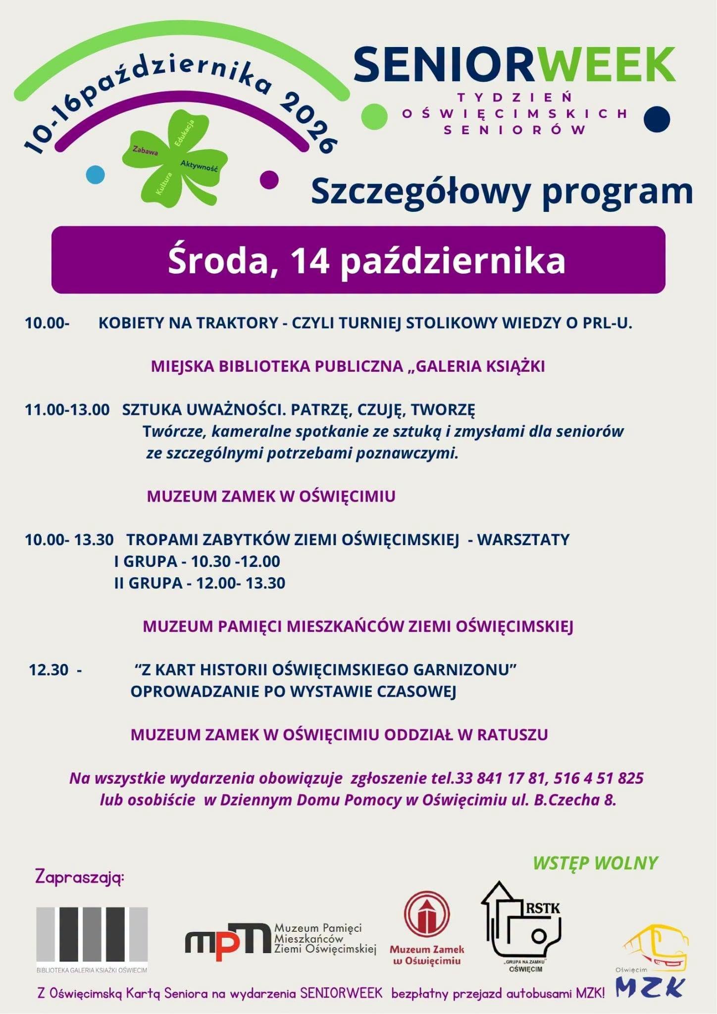 Grafika z informacją na temat wydarzenia SeniorWeek w Oświęcimiu. Na grafice znajduje się plan wydarzenia