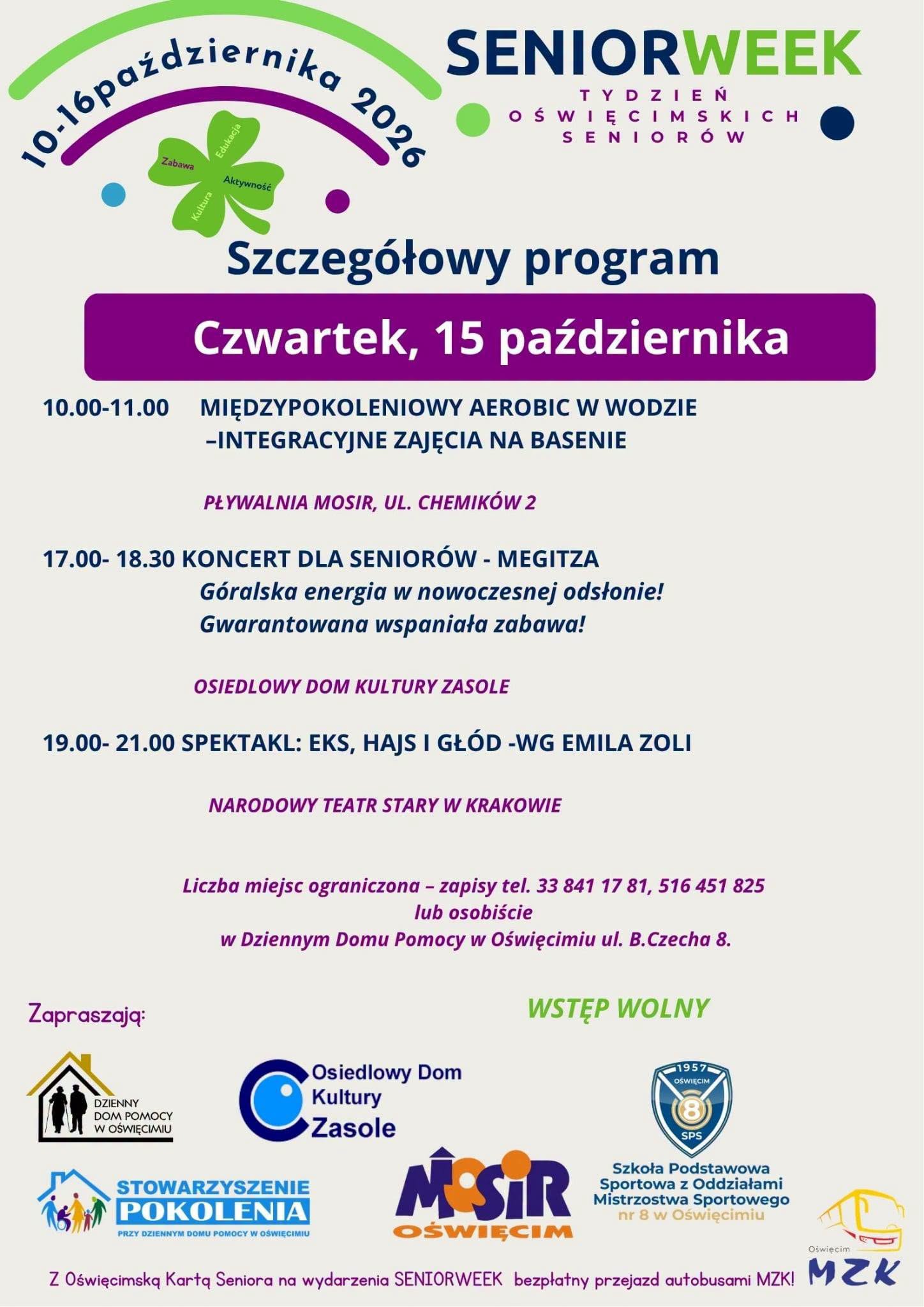 Grafika z informacją na temat wydarzenia SeniorWeek w Oświęcimiu. Na grafice znajduje się plan wydarzenia
