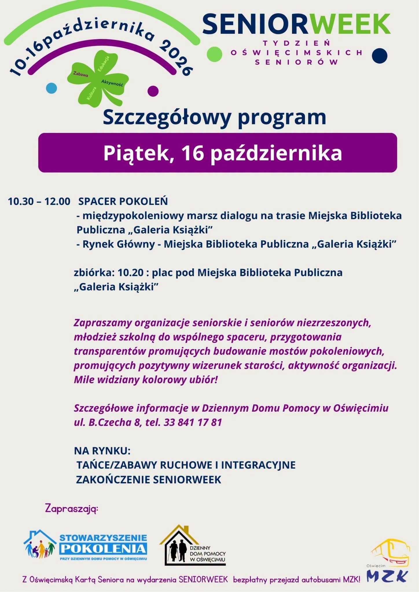 Grafika z informacją na temat wydarzenia SeniorWeek w Oświęcimiu. Na grafice znajduje się plan wydarzenia