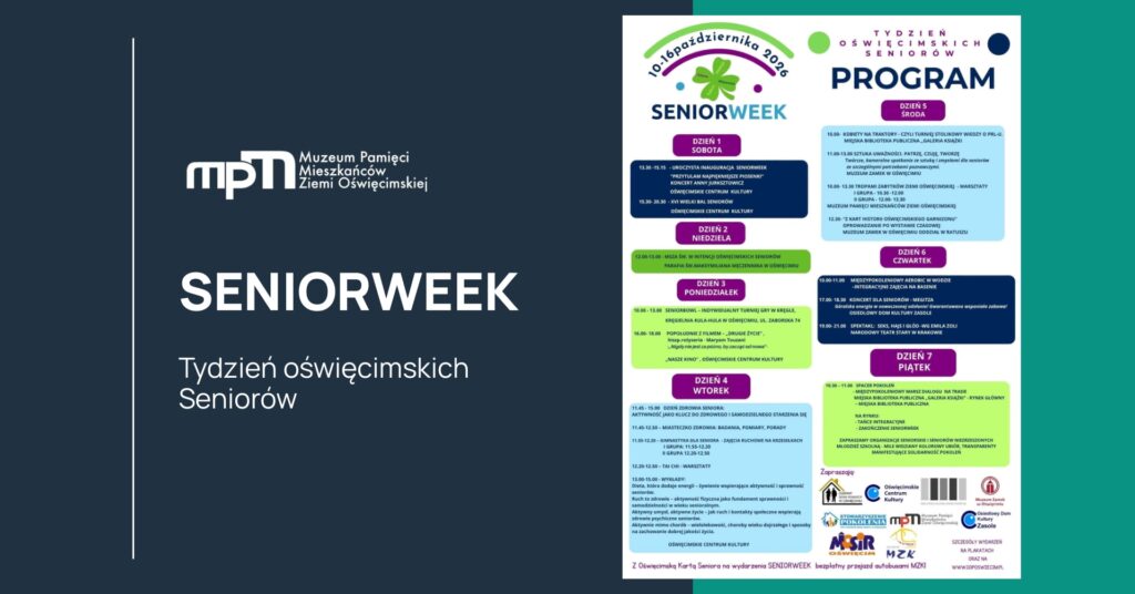 Grafika informująca o wydarzeniu zwanym SeniorWeek w Muzeum Pamięci